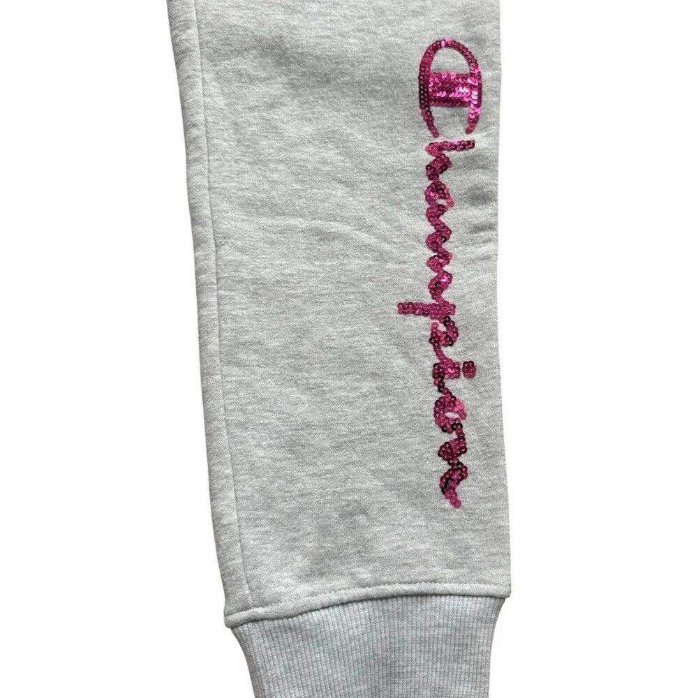 Champion Powerblend Girls Gray Joggers Pink Sequin Logo. Youth Large. NEW